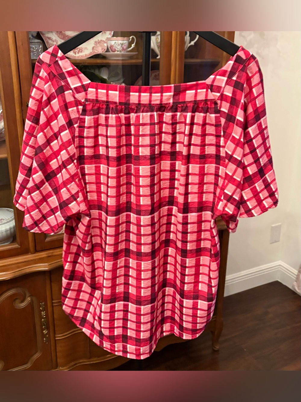 Ann Taylor Red and Pink Plaid Blouse L